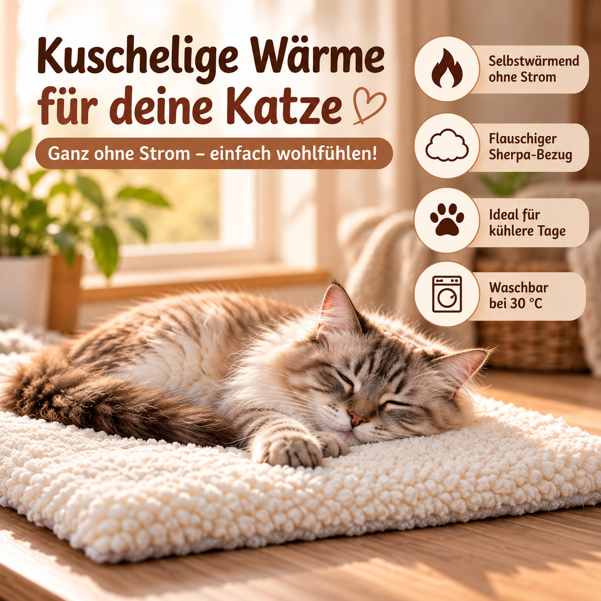 Selbstheizende Wärmematte / Wärmebett für Katzen - ohne Strom, kuschelig weich, waschbar