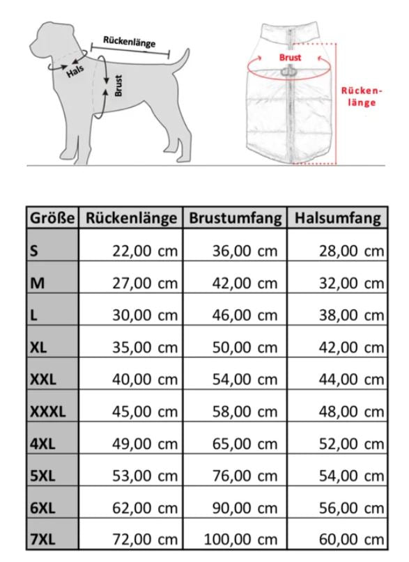Winter-Hundejacke / Hundeweste / Hundemantel - wasserdicht, warm & weich_größentabelle
