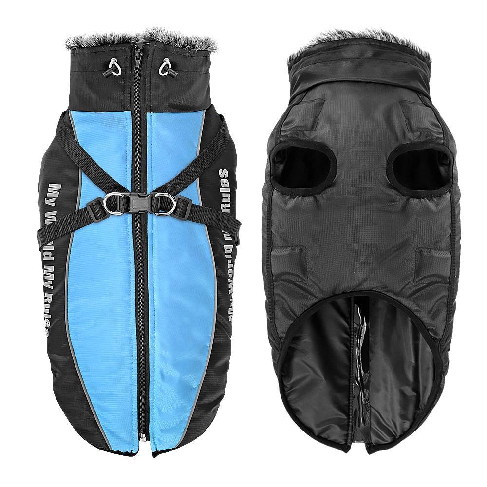 Allwetter Hundejacke mit Innenfutter und integriertem Geschirr blau 3